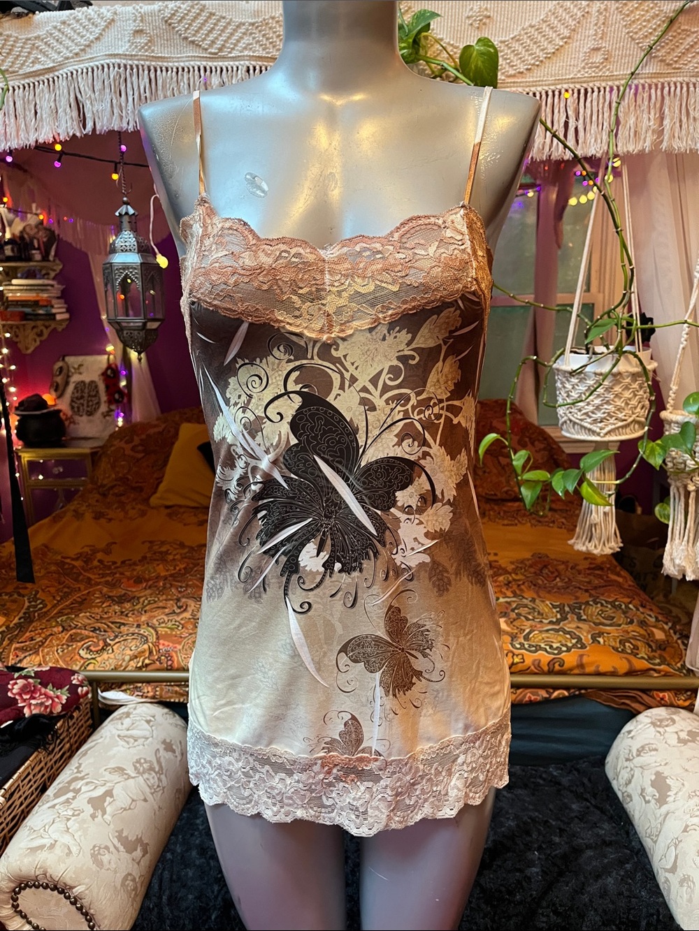 Vintage Y2K boho fairycore butterfly lace trim camisole tank top